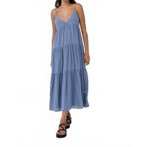 NEW RHYTHM. classic tiered midi dress in steel blue
